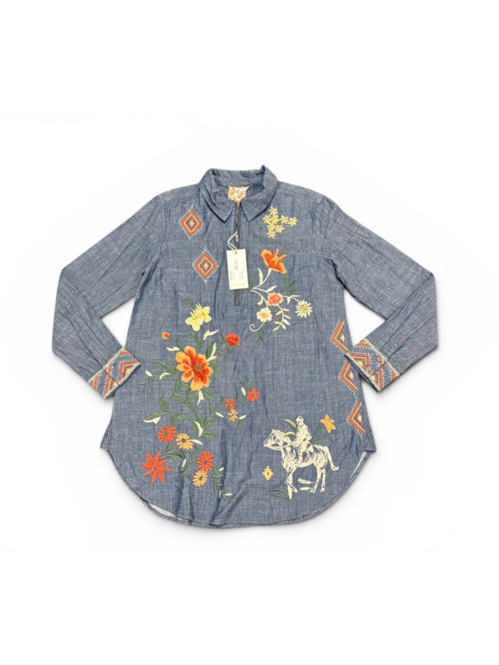 Johnny Was Helena Embroidered Chambray Zip Tunic Shirt XS Western Floral NWT - Picture 6 of 11